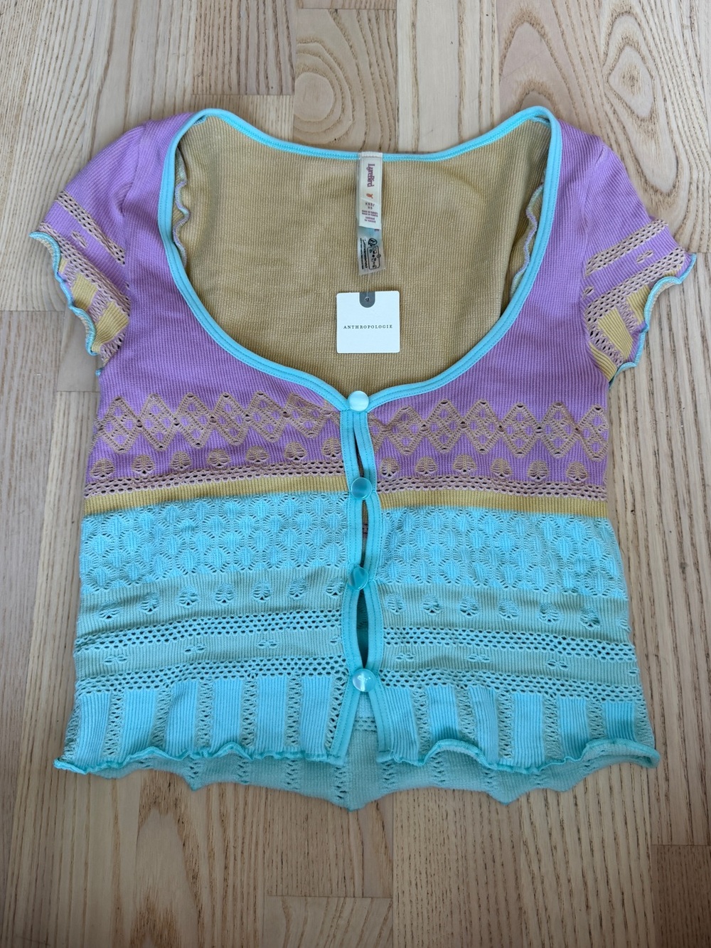 Anthropologie LyreBird Pastel Lavender Aqua Stretchy Textured Button-Front Top